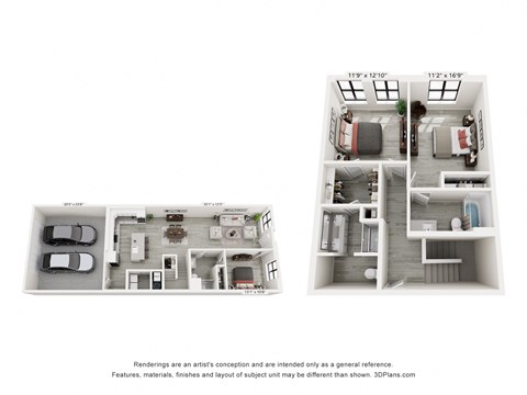 a stylized floor plan of a 1 bedroom apartment
